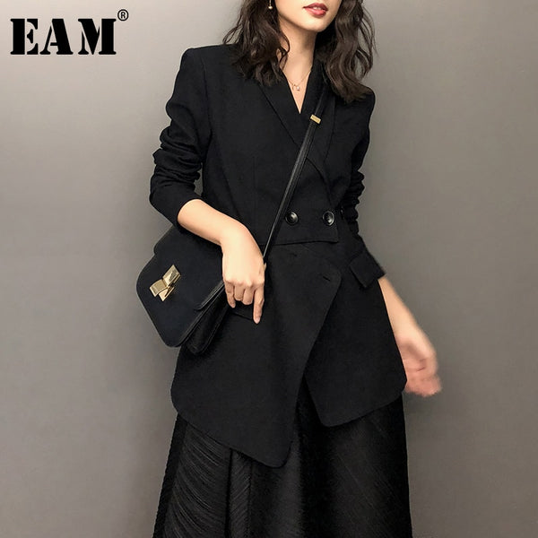 [EAM]  Women Black Irregular Split Long Blazer Lapel Long Sleeve Loose Fit  Jacket Tide Spring Autumn 2022 1W521