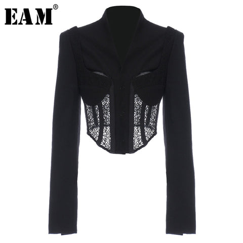[EAM]  Women Black Lace Irregular Short Blazer Lapel Long Sleeve Loose Fit  Jacket Tide Spring Autumn 2022 1Y566