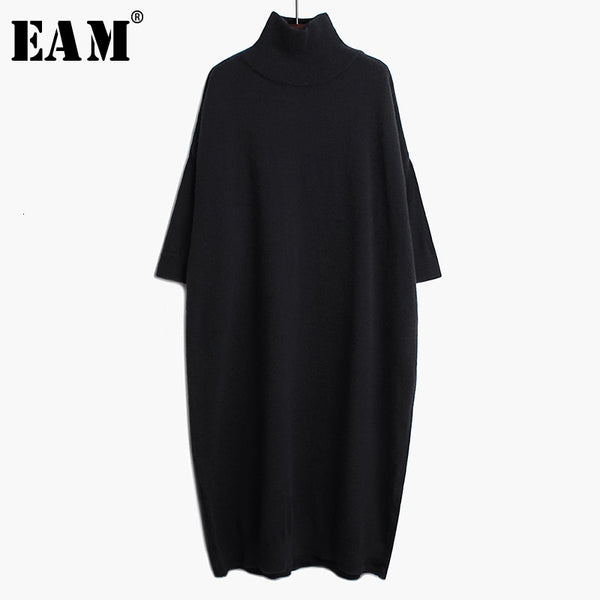[EAM] Women Black Long Big Size Knitting Dress High Collar Long Sleeve Loose Fit Tide Spring Autumn 2023 1K122