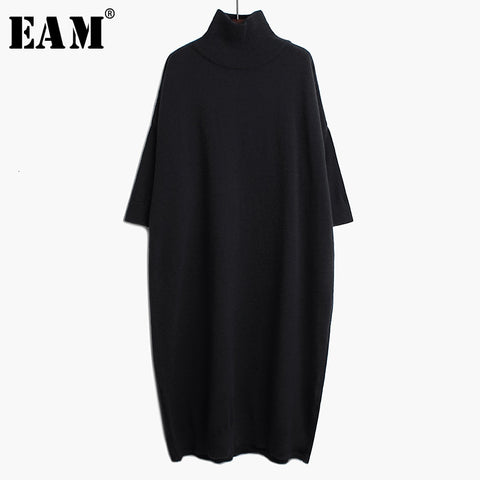 [EAM] Women Black Long Big Size Knitting Dress High Collar Long Sleeve Loose Fit Tide Spring Autumn 2023 1K122