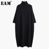 [EAM] Women Black Long Big Size Knitting Dress High Collar Long Sleeve Loose Fit Tide Spring Autumn 2023 1K122