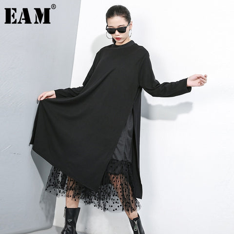 [EAM] Women Black Mesh Dot Split Joint Dress Stand Collar Long Sleeve Loose Fit Tide Spring Autumn 2023 1B593