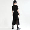 [EAM] Women Black Mesh Spliced Long Elegant Dress Round Neck Short Sleeve Loose Fit Tide Spring Summer 2023 1DE0684