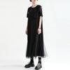 [EAM] Women Black Mesh Spliced Long Elegant Dress Round Neck Short Sleeve Loose Fit Tide Spring Summer 2023 1DE0684