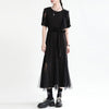 [EAM] Women Black Mesh Spliced Long Elegant Dress Round Neck Short Sleeve Loose Fit Tide Spring Summer 2023 1DE0684