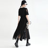 [EAM] Women Black Mesh Spliced Long Elegant Dress Round Neck Short Sleeve Loose Fit Tide Spring Summer 2023 1DE0684