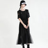 [EAM] Women Black Mesh Spliced Long Elegant Dress Round Neck Short Sleeve Loose Fit Tide Spring Summer 2023 1DE0684