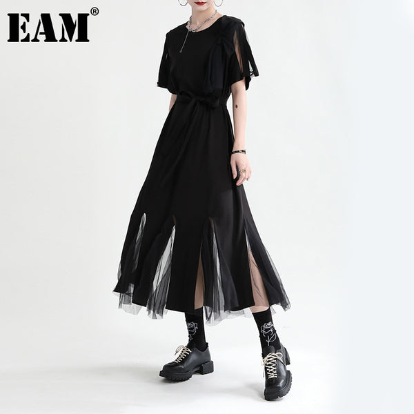 [EAM] Women Black Mesh Spliced Long Elegant Dress Round Neck Short Sleeve Loose Fit Tide Spring Summer 2023 1DE0684