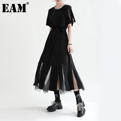 [EAM] Women Black Mesh Spliced Long Elegant Dress Round Neck Short Sleeve Loose Fit Tide Spring Summer 2023 1DE0684