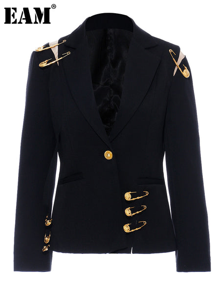 [EAM]  Women Black Pin Spliced Mesh Casual Blazer Lapel Long Sleeve Loose Fit Jacket Tide Spring Autumn 2023 JZ500