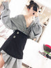 [EAM] Women Black Plaid Irregular Stitch Big Size Dress V-Neck Long Sleeve Loose Fit Tide Spring Autumn 2023 JG892