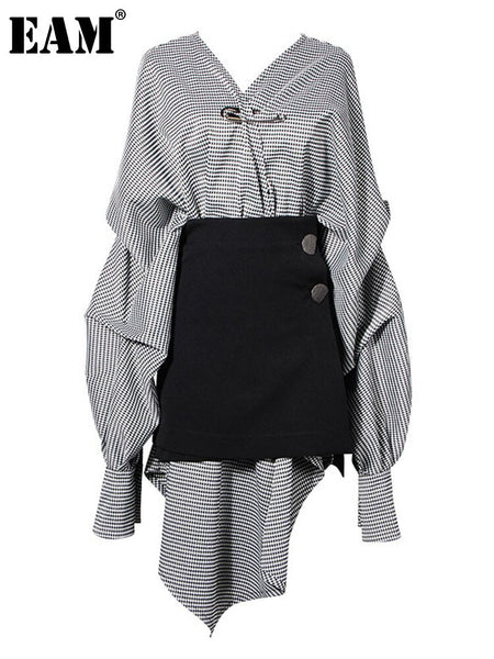 [EAM] Women Black Plaid Irregular Stitch Big Size Dress V-Neck Long Sleeve Loose Fit Tide Spring Autumn 2023 JG892