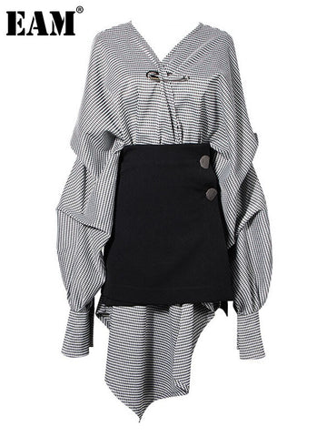 [EAM] Women Black Plaid Irregular Stitch Big Size Dress V-Neck Long Sleeve Loose Fit Tide Spring Autumn 2023 JG892