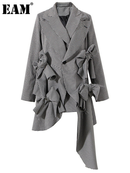 [EAM]  Women Black Plaid Ruffles Irregular Blazer Lapel Long Sleeve Loose Fit Jacket Tide Spring Autumn 2023 1DE5891