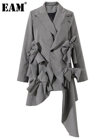 [EAM]  Women Black Plaid Ruffles Irregular Blazer Lapel Long Sleeve Loose Fit Jacket Tide Spring Autumn 2023 1DE5891
