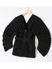 [EAM]  Women Black Pleated Belt Temperament Blazer V-collarLong Sleeve Loose Fit Jacket Spring Autumn 2023 1DD9279