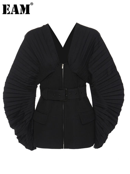 [EAM]  Women Black Pleated Belt Temperament Blazer V-collarLong Sleeve Loose Fit Jacket Spring Autumn 2023 1DD9279