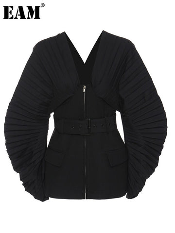 [EAM]  Women Black Pleated Belt Temperament Blazer V-collarLong Sleeve Loose Fit Jacket Spring Autumn 2023 1DD9279