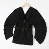 [EAM]  Women Black Pleated Belt Temperament Blazer V-collarLong Sleeve Loose Fit Jacket Spring Autumn 2022 1DD9279