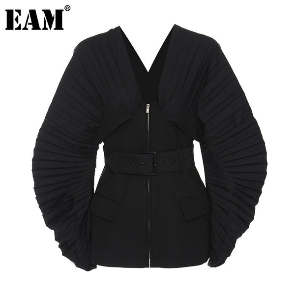[EAM]  Women Black Pleated Belt Temperament Blazer V-collarLong Sleeve Loose Fit Jacket Spring Autumn 2022 1DD9279