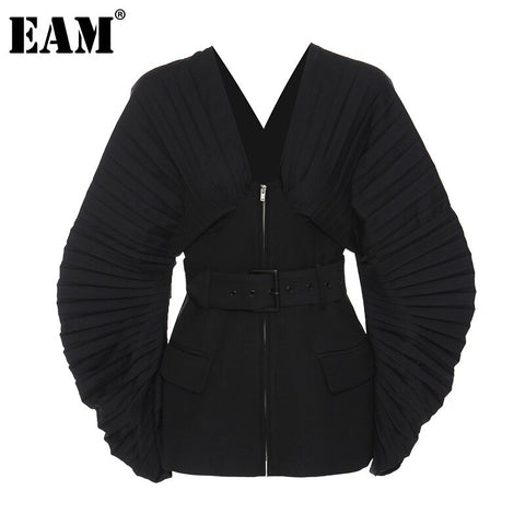 [EAM]  Women Black Pleated Belt Temperament Blazer V-collarLong Sleeve Loose Fit Jacket Spring Autumn 2022 1DD9279