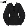 [EAM]  Women Black Pleated Belt Temperament Blazer V-collarLong Sleeve Loose Fit Jacket Spring Autumn 2022 1DD9279