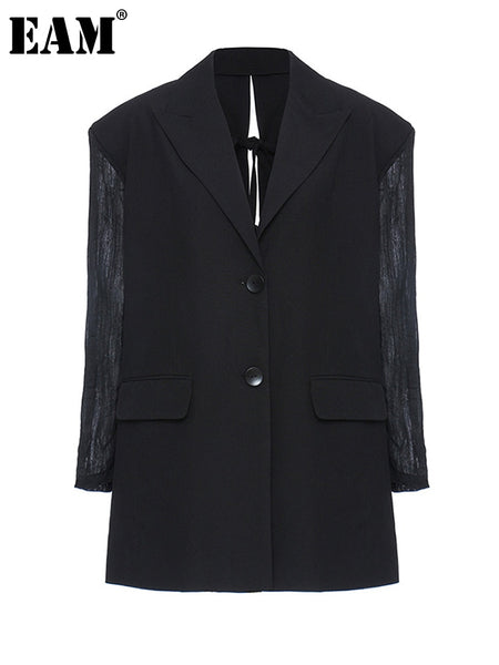 [EAM]  Women Black Pleated Split Big Size Blazer Lapel Long Sleeve Loose Fit  Jacket Tide Spring Autumn 2023 1Y053