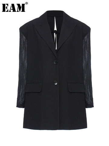 [EAM]  Women Black Pleated Split Big Size Blazer Lapel Long Sleeve Loose Fit  Jacket Tide Spring Autumn 2023 1Y053