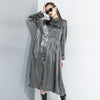 [EAM] Women Black Pleated Split Big Size  Dress Lapel Long Sleeve Loose Fit Tide Spring Autumn 2023 1R169