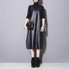 [EAM] Women Black Pu Leather Long Hem Slit Dress V-Neck Sleeveless Loose Fit Tide Spring Autumn 2023 JO28701