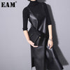 [EAM] Women Black Pu Leather Long Hem Slit Dress V-Neck Sleeveless Loose Fit Tide Spring Autumn 2023 JO28701