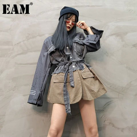 [EAM]  Women Black Striped Bandage Big Size Blazer Lapel Long Sleeve Loose Fit  Jacket Spring Autumn 2022 1DD4557