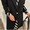 [EAM]  Women Black Striped Printed Stitch Long Blazer Lapel Long Sleeve Loose Fit  Jacket Spring Autumn 2022 1W479