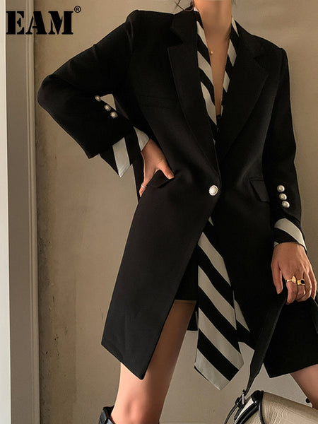 [EAM]  Women Black Striped Printed Stitch Long Blazer Lapel Long Sleeve Loose Fit  Jacket Spring Autumn 2023 1W479