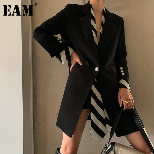 [EAM]  Women Black Striped Printed Stitch Long Blazer Lapel Long Sleeve Loose Fit  Jacket Spring Autumn 2022 1W479