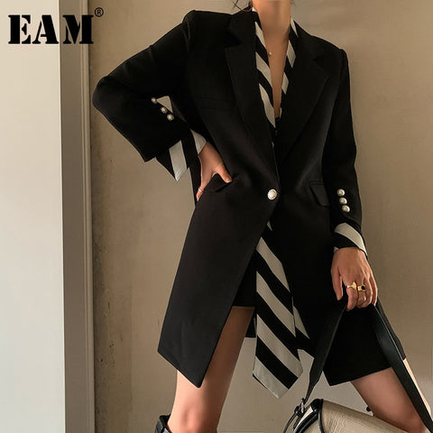 [EAM]  Women Black Striped Printed Stitch Long Blazer Lapel Long Sleeve Loose Fit  Jacket Spring Autumn 2022 1W479
