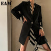 [EAM]  Women Black Striped Printed Stitch Long Blazer Lapel Long Sleeve Loose Fit  Jacket Spring Autumn 2022 1W479