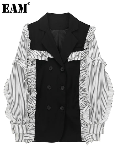 [EAM]  Women Black Striped Ruffles Casual Blazer Lapel Long Sleeve Loose Fit Jacket Tide Spring Autumn 2023 1DE6486