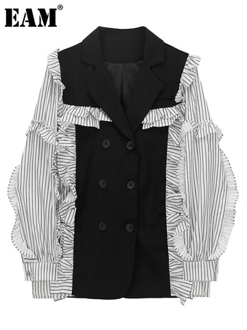 [EAM]  Women Black Striped Ruffles Casual Blazer Lapel Long Sleeve Loose Fit Jacket Tide Spring Autumn 2023 1DE6486