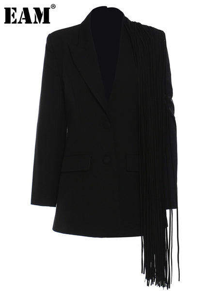 [EAM]  Women Black Tassels Irregular Casual Blazer Lapel Long Sleeve Loose Fit Jacket Spring Autumn 2023 1DE7086
