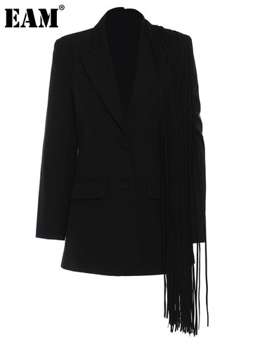 [EAM]  Women Black Tassels Irregular Casual Blazer Lapel Long Sleeve Loose Fit Jacket Spring Autumn 2023 1DE7086