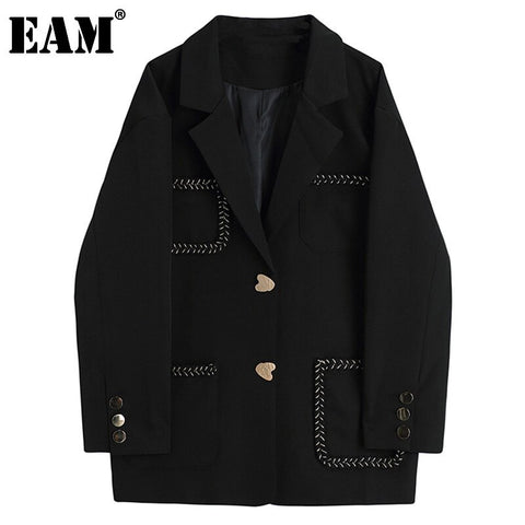 [EAM]  Women Black Vintage Big Size Blazer Lapel Long Sleeve Loose Fit  Jacket Tide Spring Autumn 2022 1DD0995