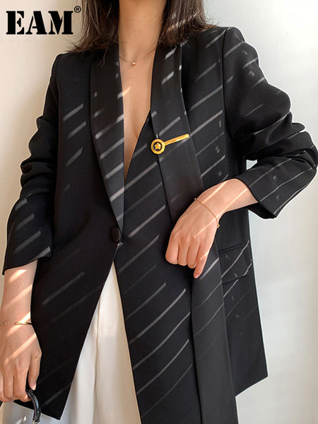 [EAM]  Women Black Vintage Irregular Blazer Notched Collar Long Sleeve Loose Fit  Jacket Spring Autumn 2023 1DD5534