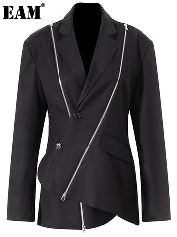 [EAM]  Women Black Zipper Irregular Blazer Notched Long Sleeve Loose Fit Jacket Tide Spring Autumn 2023 1DE6066