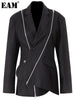 [EAM]  Women Black Zipper Irregular Blazer Notched Long Sleeve Loose Fit Jacket Tide Spring Autumn 2023 1DE6066