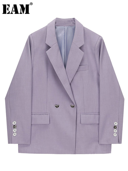 [EAM]  Women Blue Big Size Casual Blazer Lapel Long Sleeve Loose Fit Jacket Tide Spring Autumn 2023 1DE6497