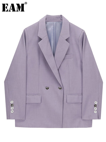 [EAM]  Women Blue Big Size Casual Blazer Lapel Long Sleeve Loose Fit Jacket Tide Spring Autumn 2023 1DE6497