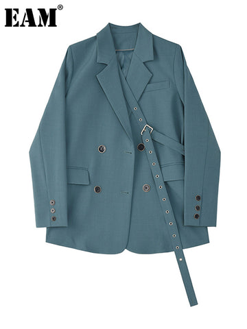 [EAM]  Women Blue Button Ribbon Big Size Blazer Lapel Long Sleeve Loose Fit  Jacket Tide Spring Autumn 2023 1Z705