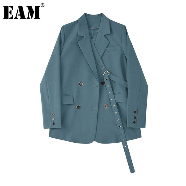 [EAM]  Women Blue Button Ribbon Big Size Blazer Lapel Long Sleeve Loose Fit  Jacket Tide Spring Autumn 2022 1Z705
