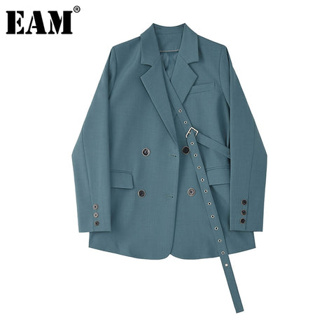 [EAM]  Women Blue Button Ribbon Big Size Blazer Lapel Long Sleeve Loose Fit  Jacket Tide Spring Autumn 2022 1Z705